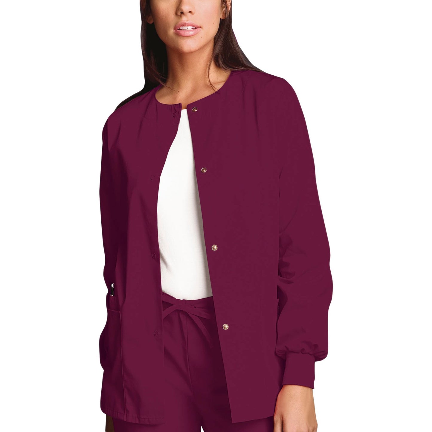 Cherokee Workwear 4350 Scrubs Jacket Women's Snap Front Warm-Up Wine