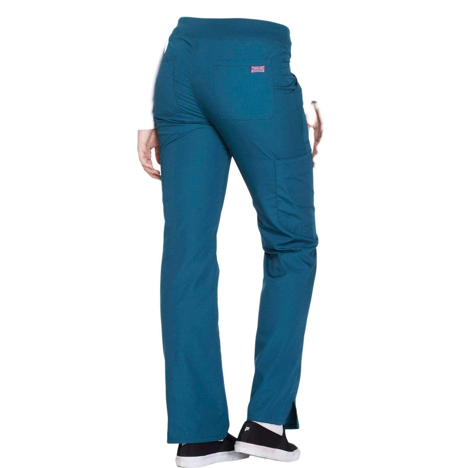 Cherokee Scrubs Pants Cherokee Workwear WW210 Scrubs Pants Women's Mid Rise Straight Leg Pull-on Cargo Caribbean Blue