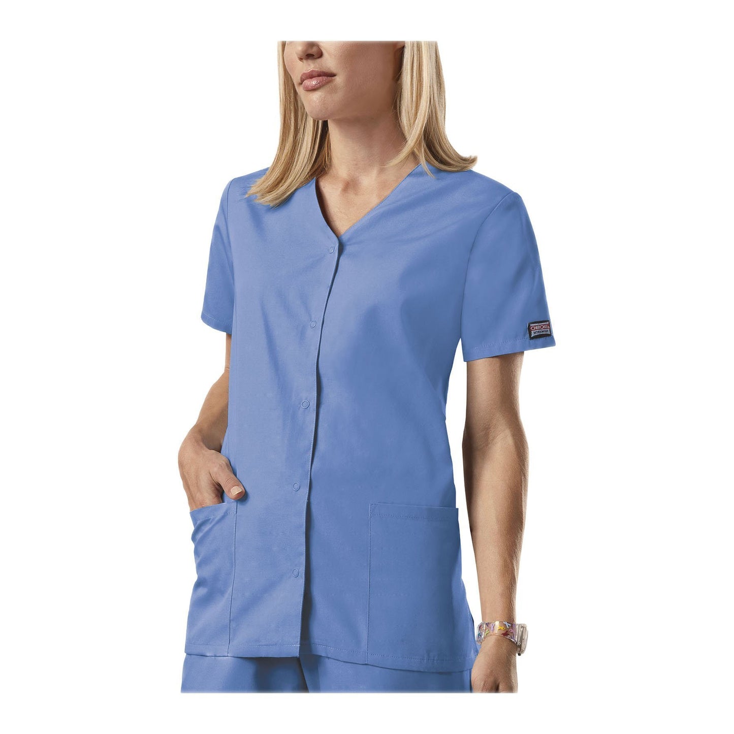 Cherokee Workwear Top WW Snap Front V-Neck Top Ciel Top