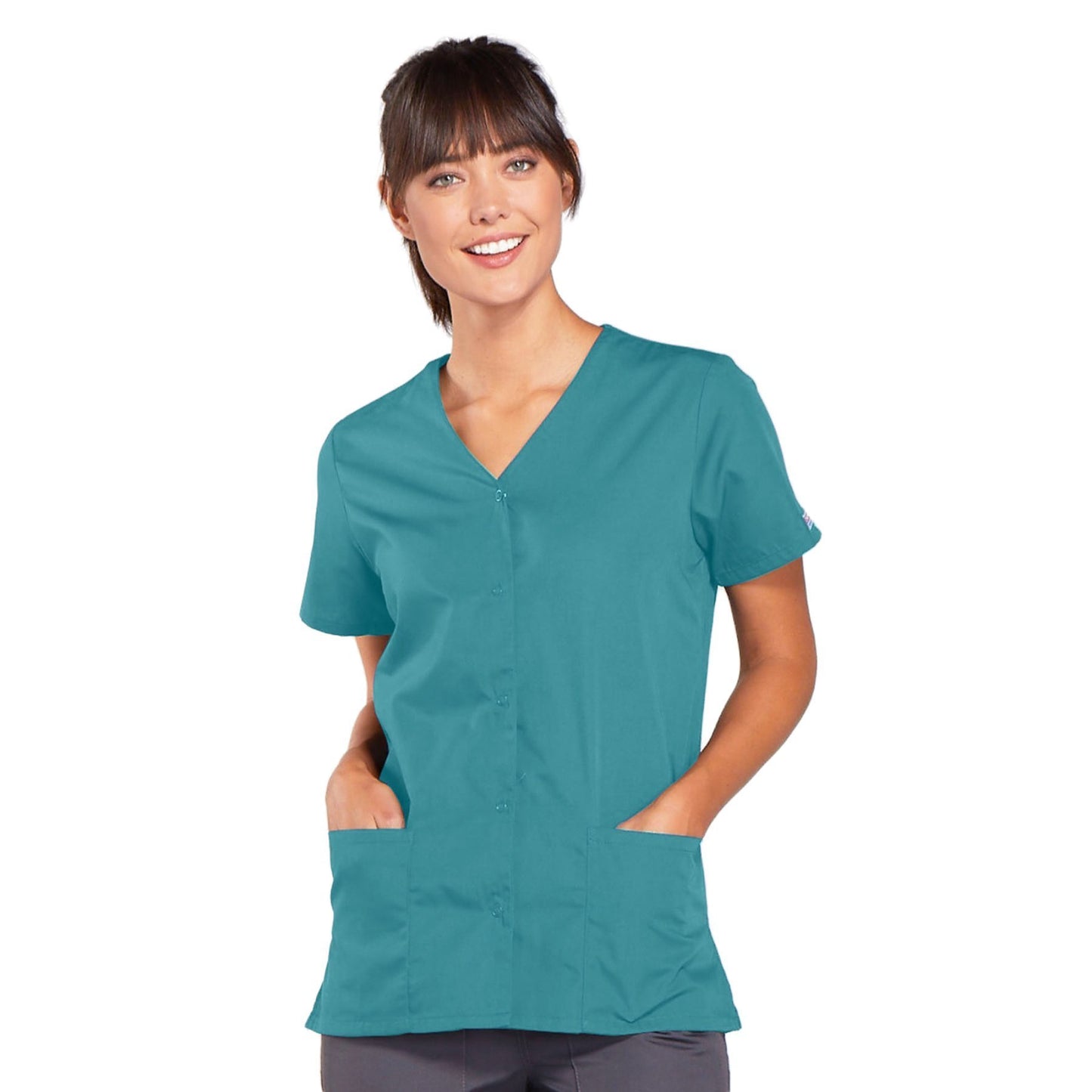 Cherokee Workwear 4770 Scrubs Top Women's Snap Front V-Neck Teal Blue